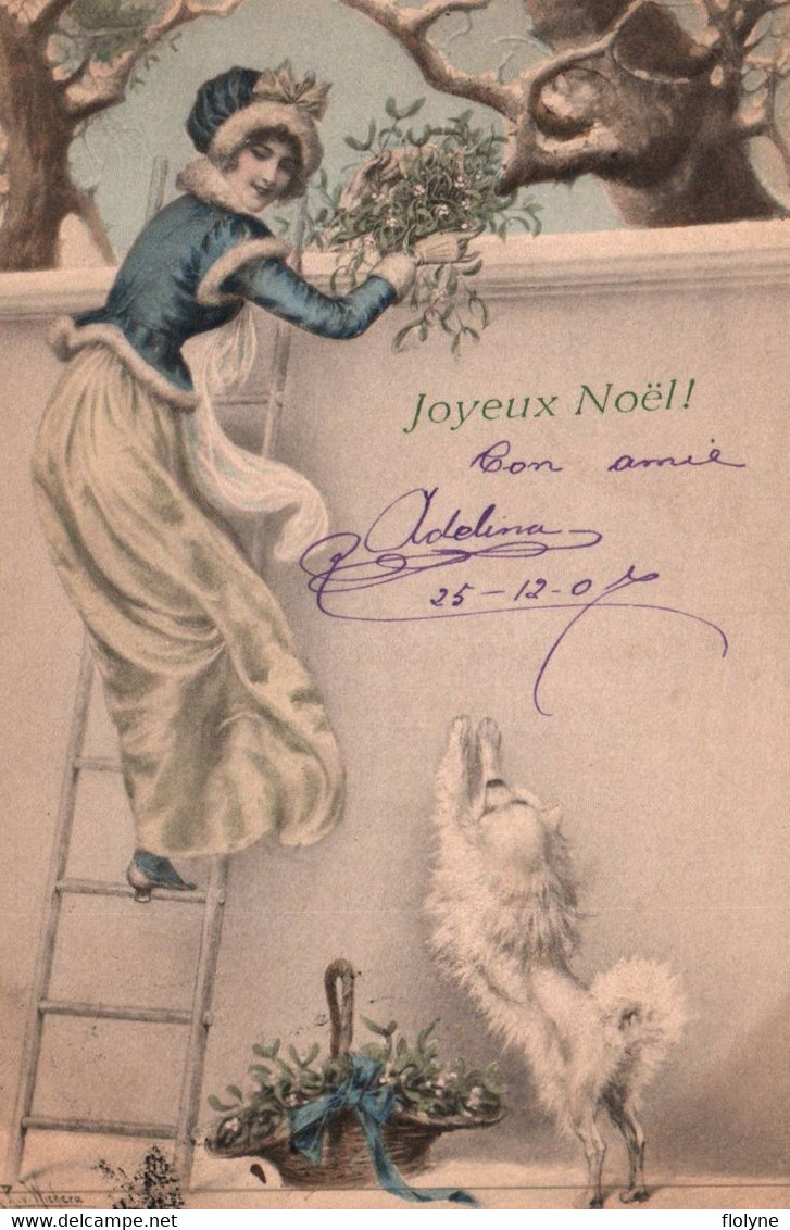 Viennoise - Cpa Illustrateur M M VIENNE - Femme à L'échelle Et Son Chien - Joyeux Noël - Vienne