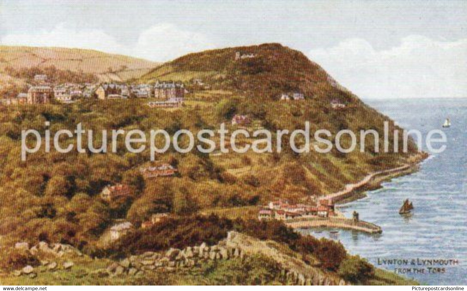 LYNTON AND LYNMOUTH FROM THE TORS OLD ART COLOUR POSTCARD BY A. R. QUINTON NO 3936 DEVON - Quinton, AR