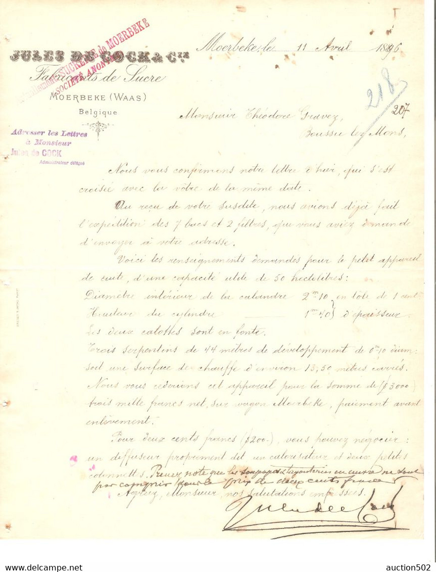 Lettre Commerciale 1896 Jules De Cock Cie Fabricant De Sucre Moerbeke (Waas)  > Boussu - Alimentaire