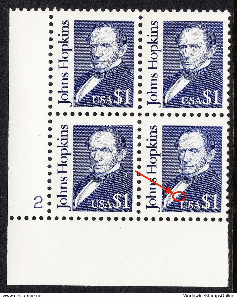 USA — SCOTT 2194d — JOHNS HOPKINS — CONSTANT PLATE VARIETY BLOCK OF 4 - Errors, Freaks & Oddities (EFOs)