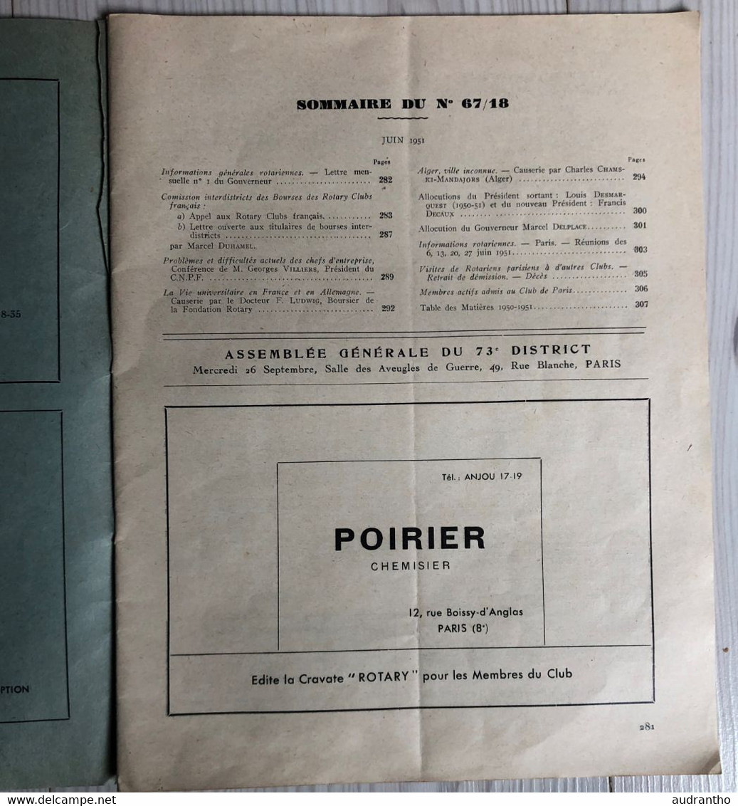 Rare Ancien Bulletin Du 73ème District Et Du Rotary-club De Paris Juillet 1951 N°67/18 - Parijs