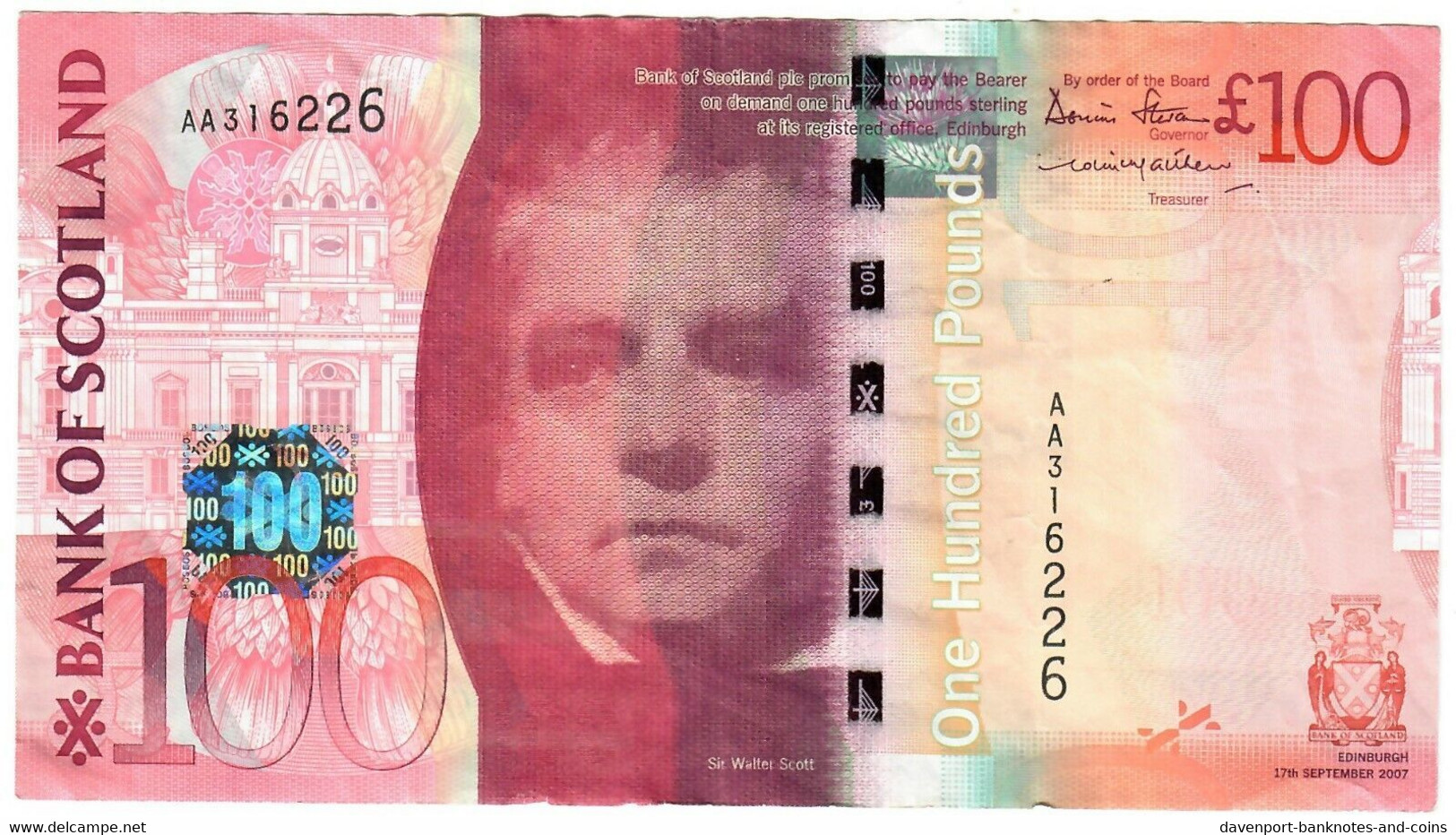 Scotland 100 Pounds 2007 VF Bank Of Scotland "AA" - 100 Pounds