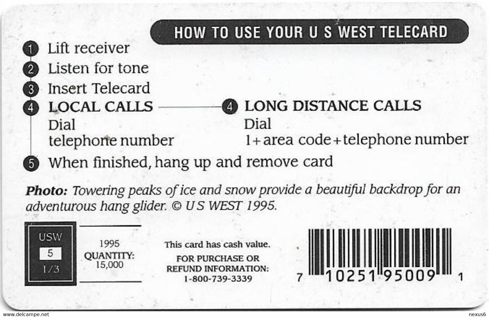 USA - U.S. West (Chip) - Hang Glider, Snow & Ice Mountain, Solaic, 08.1995, 5$, 15.000ex, Used - [2] Chip Cards