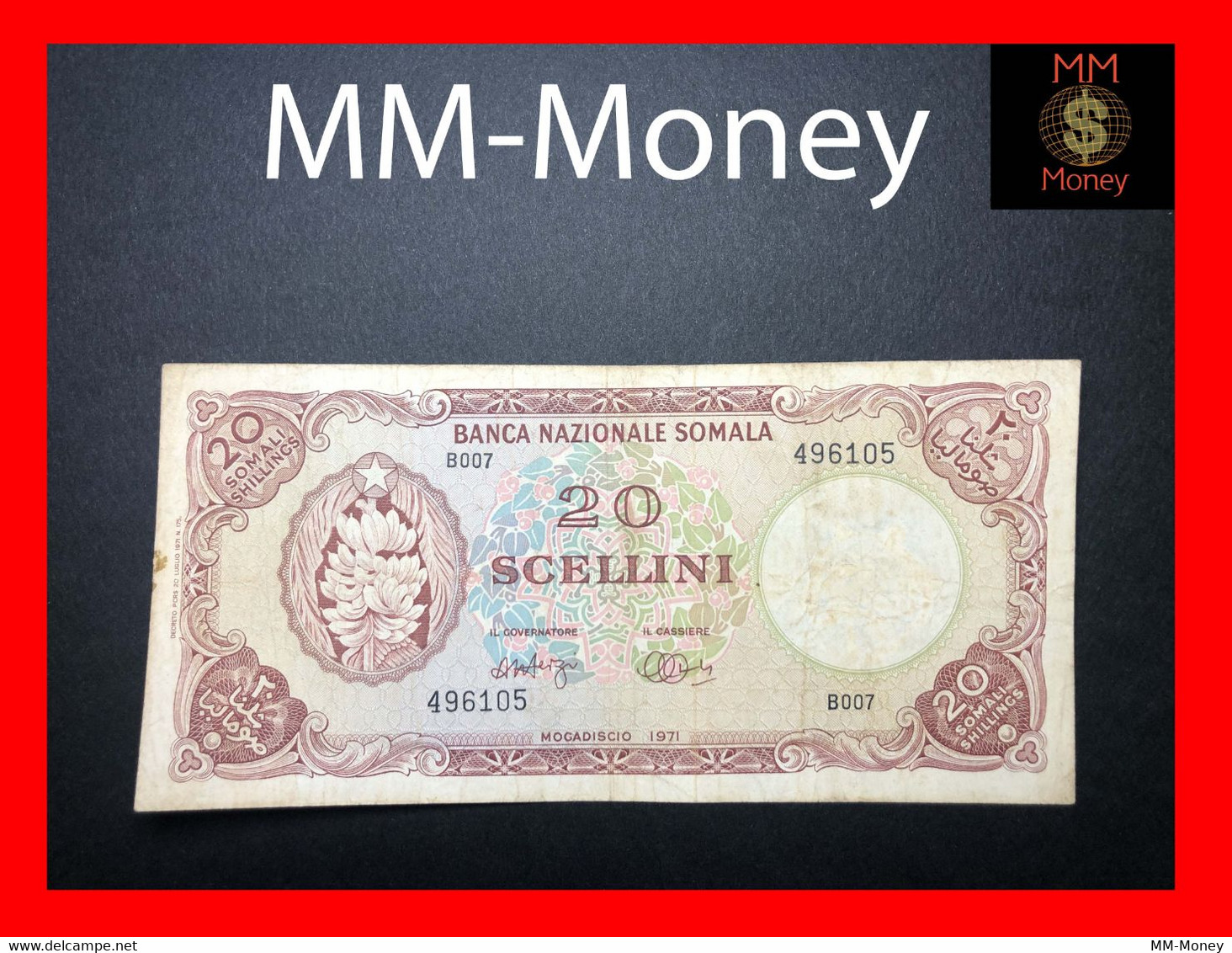 SOMALIA 20 Scellini "Banca Nazionale Somala"  1971  P.  15   *rare*    VF - Somalie