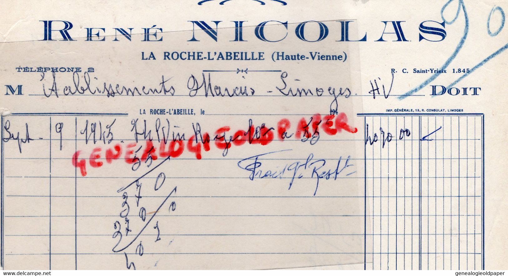 87 - LA ROCHE L' ABEILLE - FACTURE RENE NICOLAS - MARCHAND DE VINS - 1945 - Alimentaire