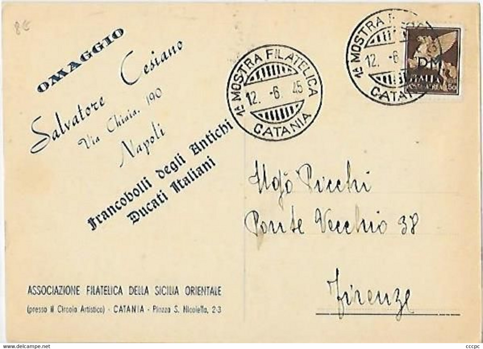 Italie Carte 1ere Mostra Filatelica Catanase Catania 12 Juin 1945 - Altri & Non Classificati