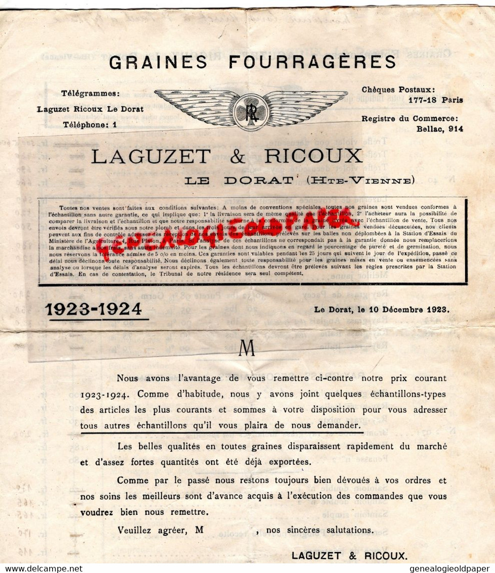 87- LE DORAT - RARE LETTRE PRIX 1923- LAGUZET RICOUX-GRAINES FOURRAGERES-AGRICULTURE -COLZA-AVOINE-PIMPRENELLE-TREFLE - Agriculture