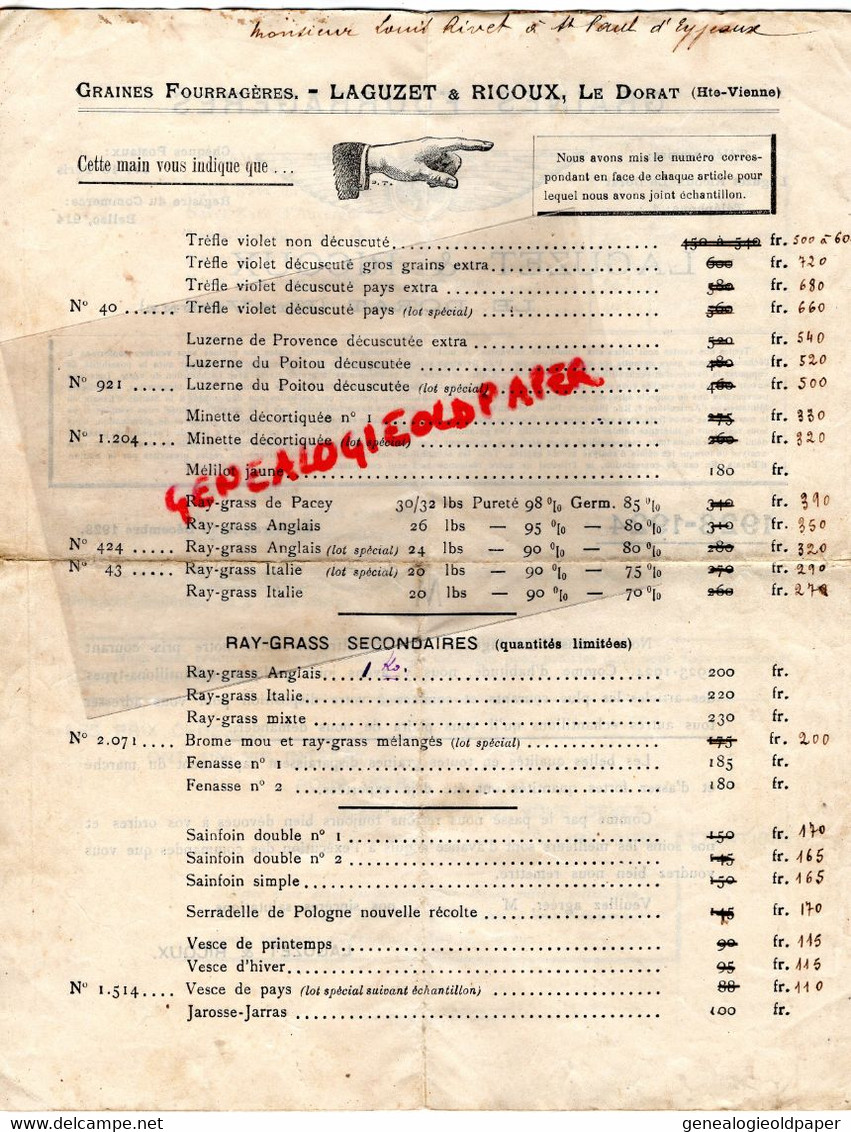 87- LE DORAT - RARE LETTRE PRIX 1923- LAGUZET RICOUX-GRAINES FOURRAGERES-AGRICULTURE -COLZA-AVOINE-PIMPRENELLE-TREFLE - Landwirtschaft