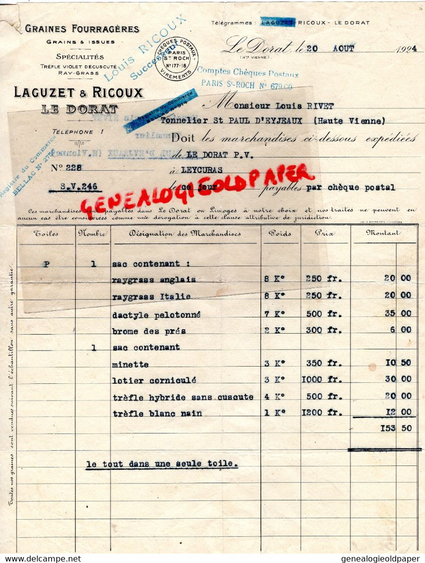 87- LE DORAT -LEYCURAS-  RARE LETTRE  LAGUZET LOUIS RICOUX-GRAINES FOURRAGERES-AGRICULTURE -  1924 - Landbouw