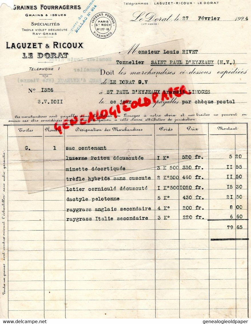 87- LE DORAT -LEYCURAS-  RARE FACTURE  LAGUZET LOUIS RICOUX-GRAINES FOURRAGERES-AGRICULTURE -  1924 - Landwirtschaft