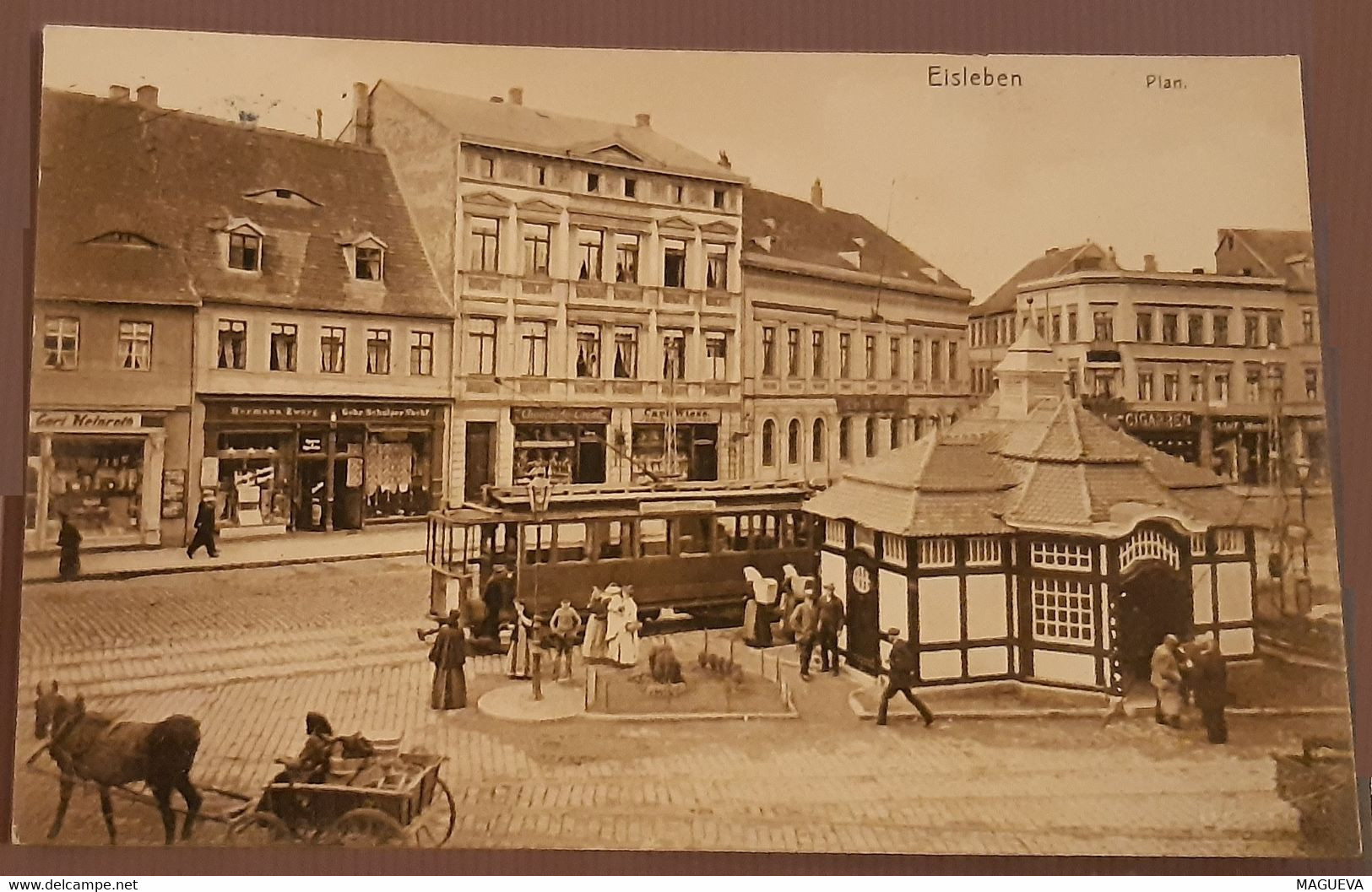 CPA EISLEBEN ALLEMAGNE TRAMWAY CHARRETTE CHEVAL PERSONNAGES PLACE 1913 - Eisleben