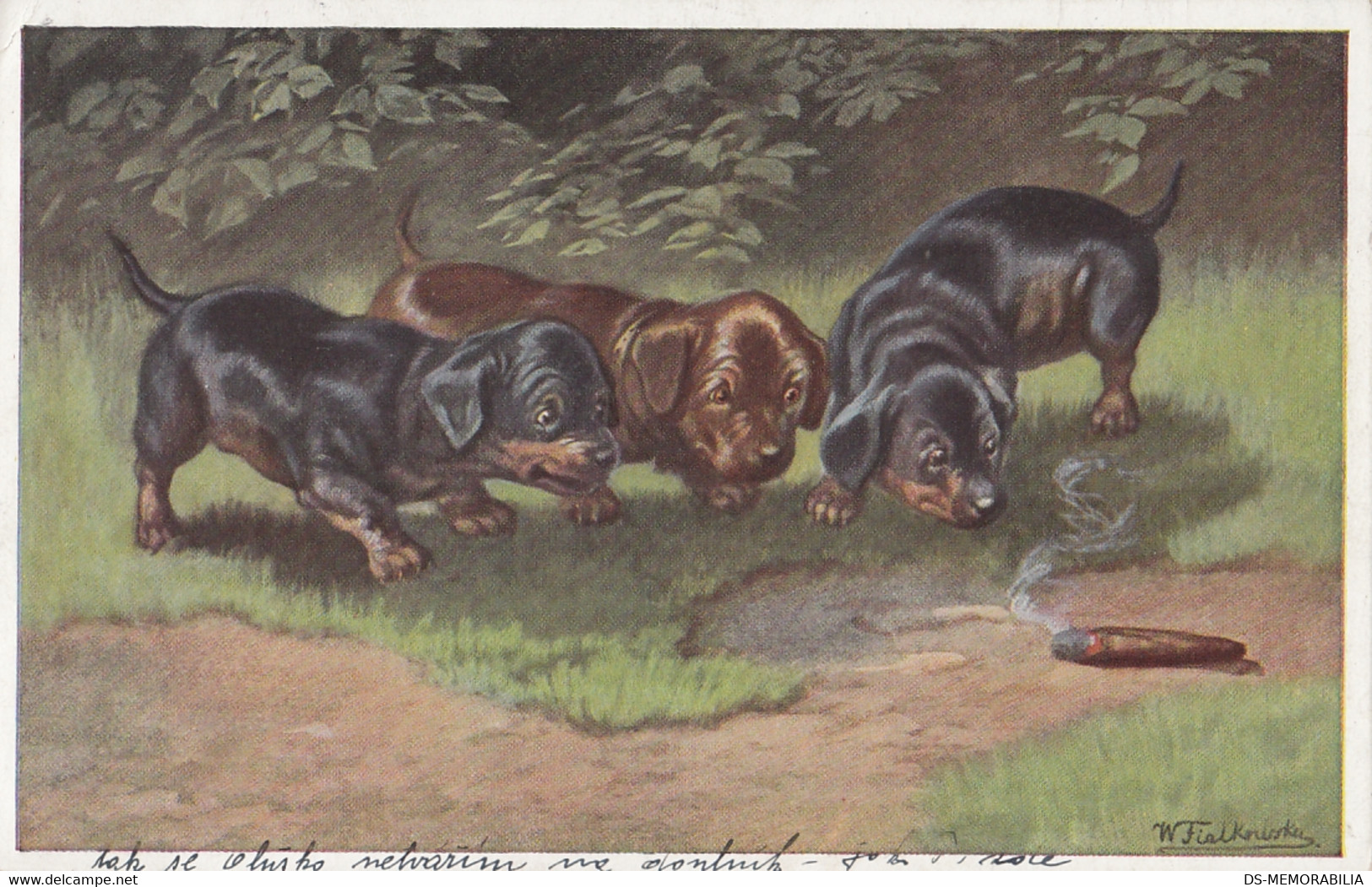 Wally Fialkowska - Dachshund Dog Puppies & Cigar 1929 - Fialkowska, Wally