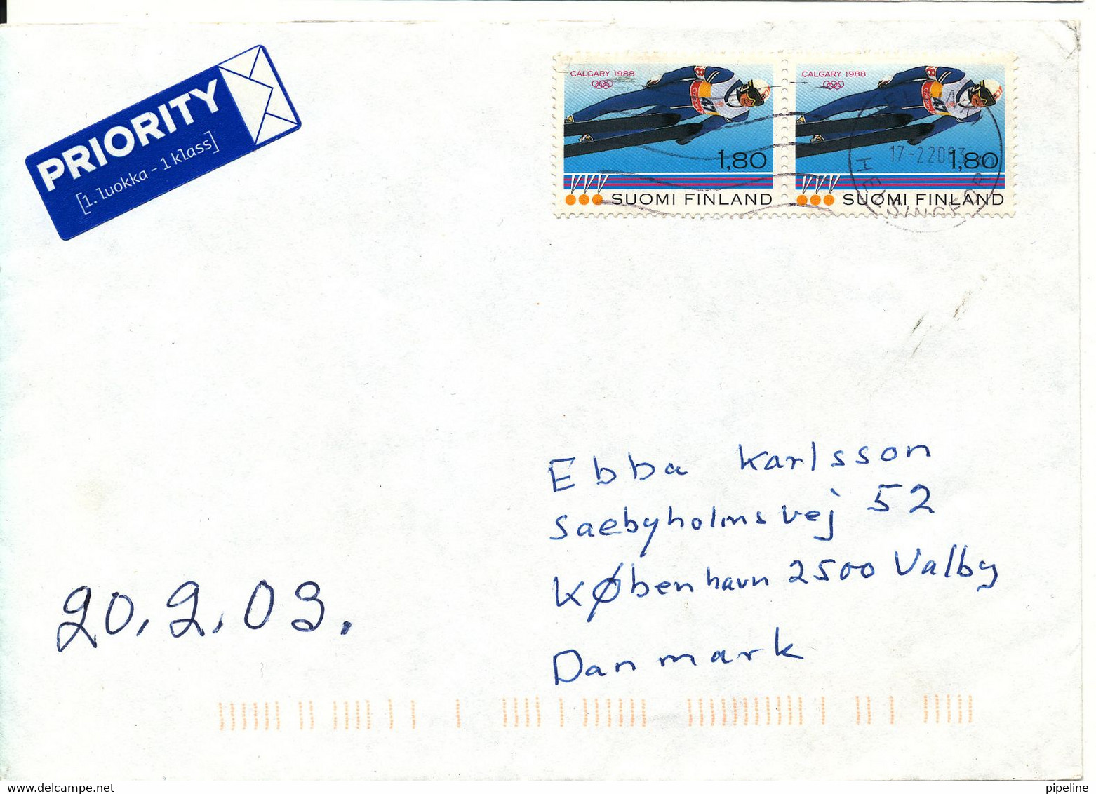 Finland Cover Sent To Denmark 17-2-2003  Ski Jump (1 Of The Stamps Is Damaged) - Storia Postale