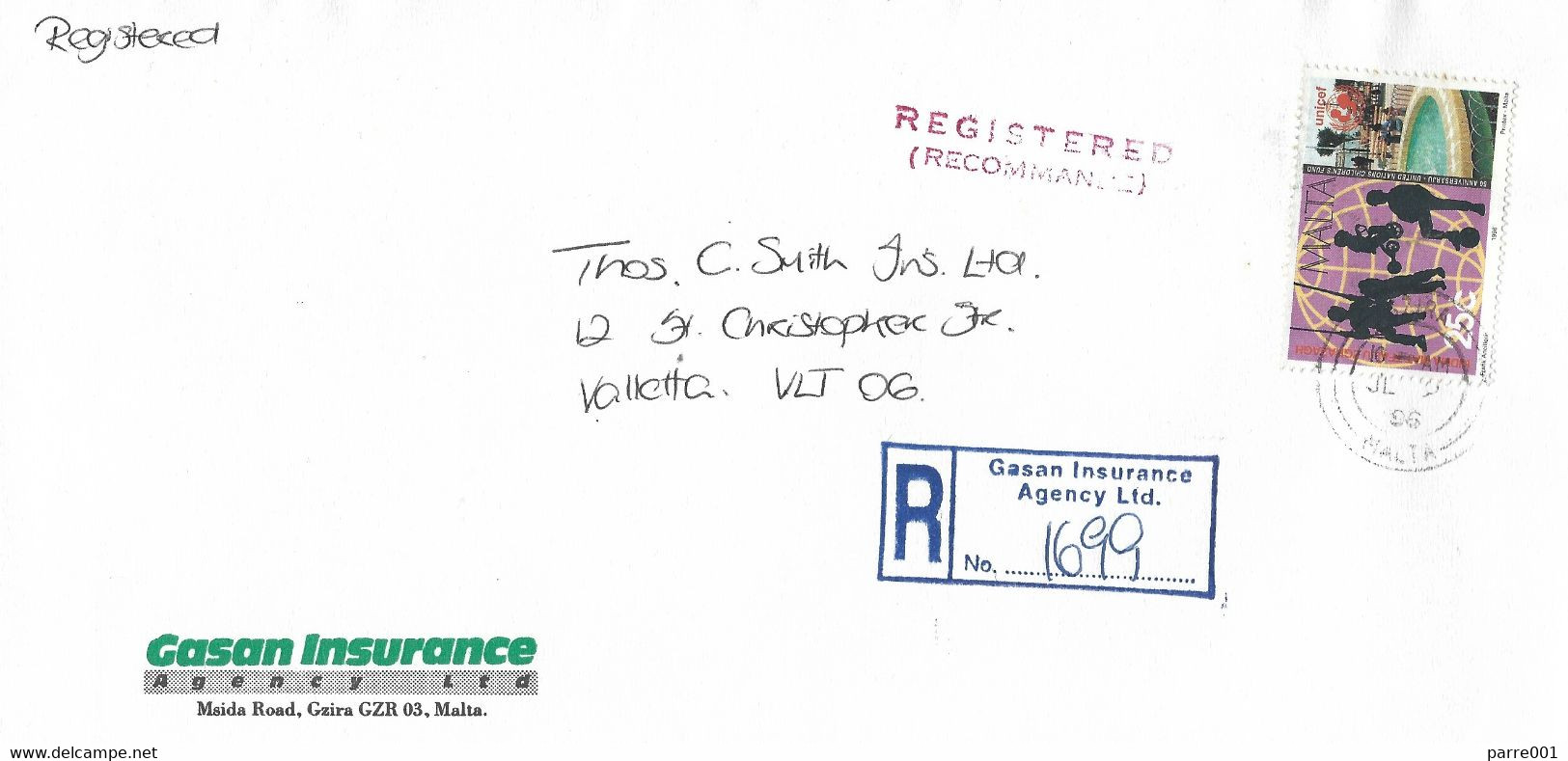 Malta 1996 Gzira UNICEF Playing Children Domestic Gasan Insurance Agency Ltd. Registered Cover - Malte