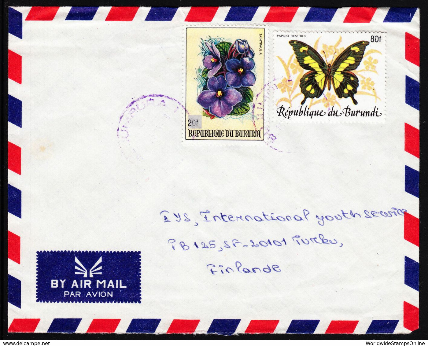 BURUNDI — SCOTT 654B, 654D — 1989 BUTTERFLY SURCHARGES COVER — 20F, 80F — SCARCE - Covers & Documents