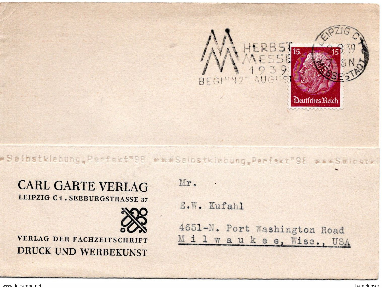 57301 - Deutsches Reich - 1939 - 15Pfg Hindenburg EF A Kte LEIPZIG - HERBSTMESSE ... -> Milwaukee, WI (USA) - Lettres & Documents