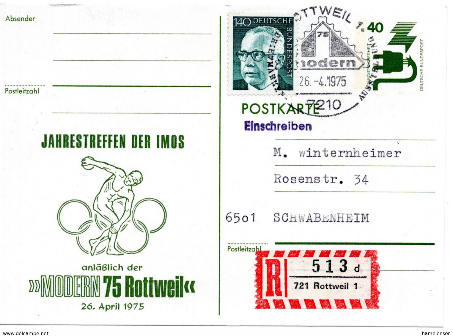 57306 - Bund - 1975 - 40Pfg Unfall GAKte M Zudruck & ZusFrank Als R-Kte SoStpl ROTTWEIL - MODERN ... -> Schwabenheim - Altri & Non Classificati