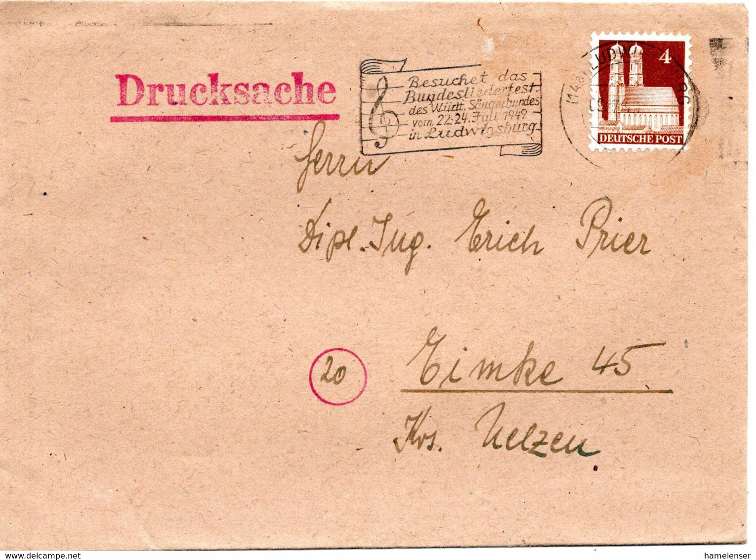 57307 - Bund - 1949 - 4Pfg Bauten EF A DrucksBf LUDWIGSHAFEN - BESUCHET DAS BUNDESLIEDERFEST ... -> Eimke - Musik