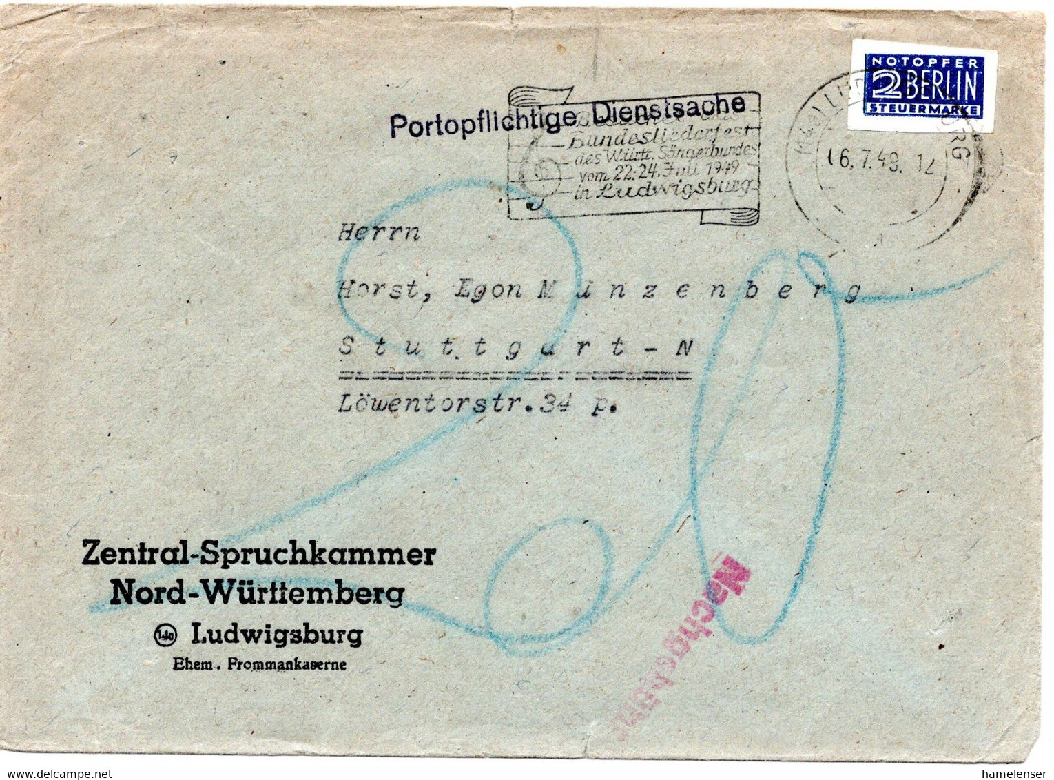 57312 - Bund - 1949 - Unfrank DienstBf Zentral-Spruchkammer Nord-Wuerttemberg LUDWIGSHAFEN - ... -> Stuttgart, Nachporto - Brieven En Documenten