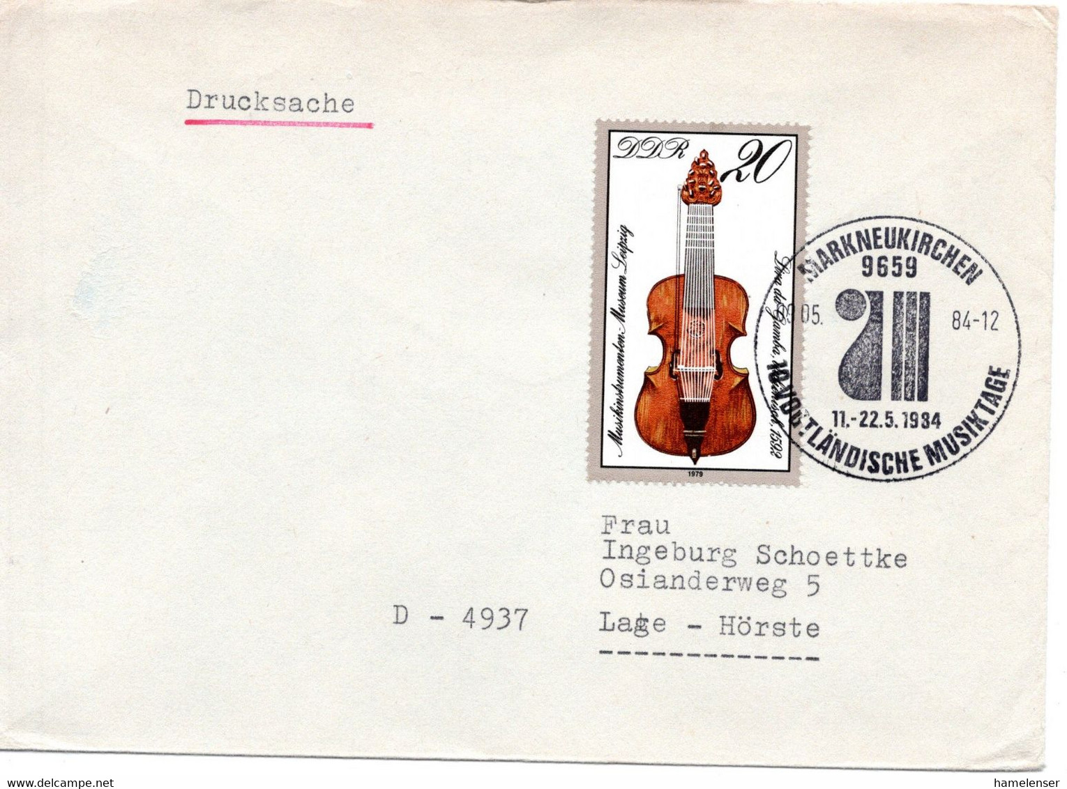 57316 - DDR - 1984 - 20Pfg Geige EF A DrucksBf SoStpl MARKNEUKIRCHEN - VOGTLAENDISCHE MUSIKTAGE -> Westdeutschland - Music