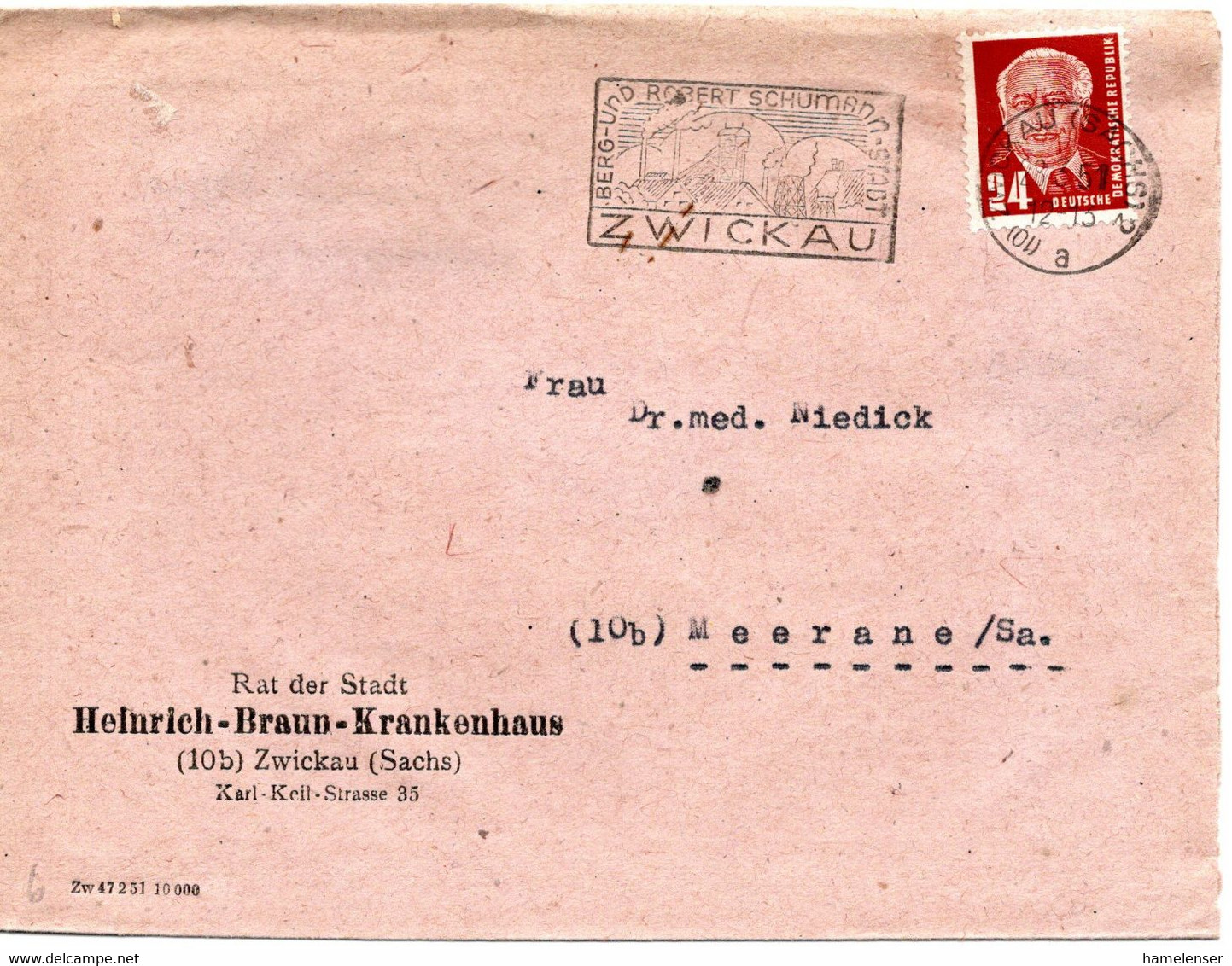 57324 - DDR - 1951 - 24Pfg Pieck EF A Bf ZWICKAU - BERG- UND ROBERT-SCHUMANN-STADT ... -> Meerane - Autres & Non Classés