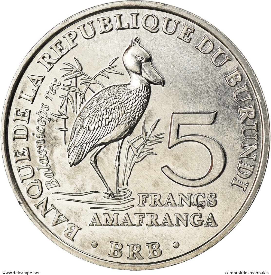 Monnaie, Burundi, 5 Francs, 2014, Oiseaux - Bec-en-sabot Du Nil, SPL, Aluminium - Burundi