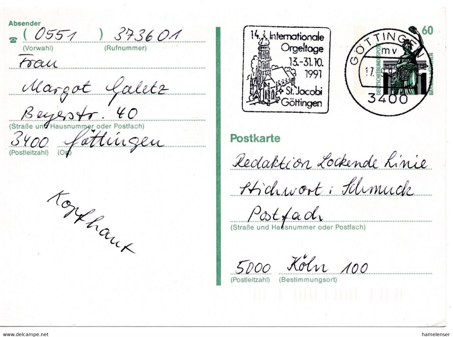 57325 - Bund - 1991 - 60Pfg SWK GAKte GOETTINGEN - 14.INTERNATIONALE ORGELTAGE ... -> Koeln - Música