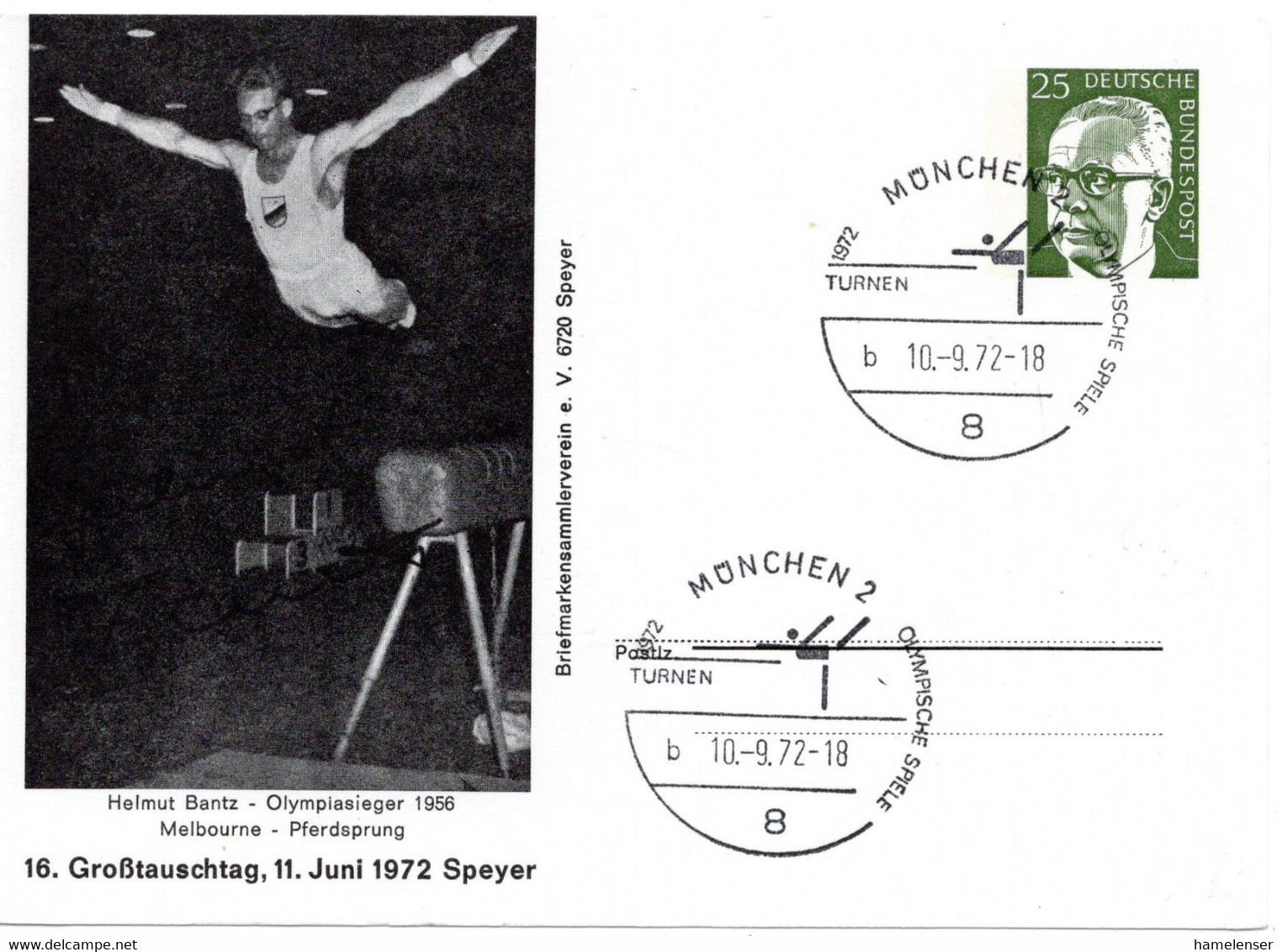 57330 - Bund - 1972 - 25Pfg Heinemann PGAKte "Olympiasieger 1956" SoStpl MUENCHEN - TURNEN - Zomer 1972: München