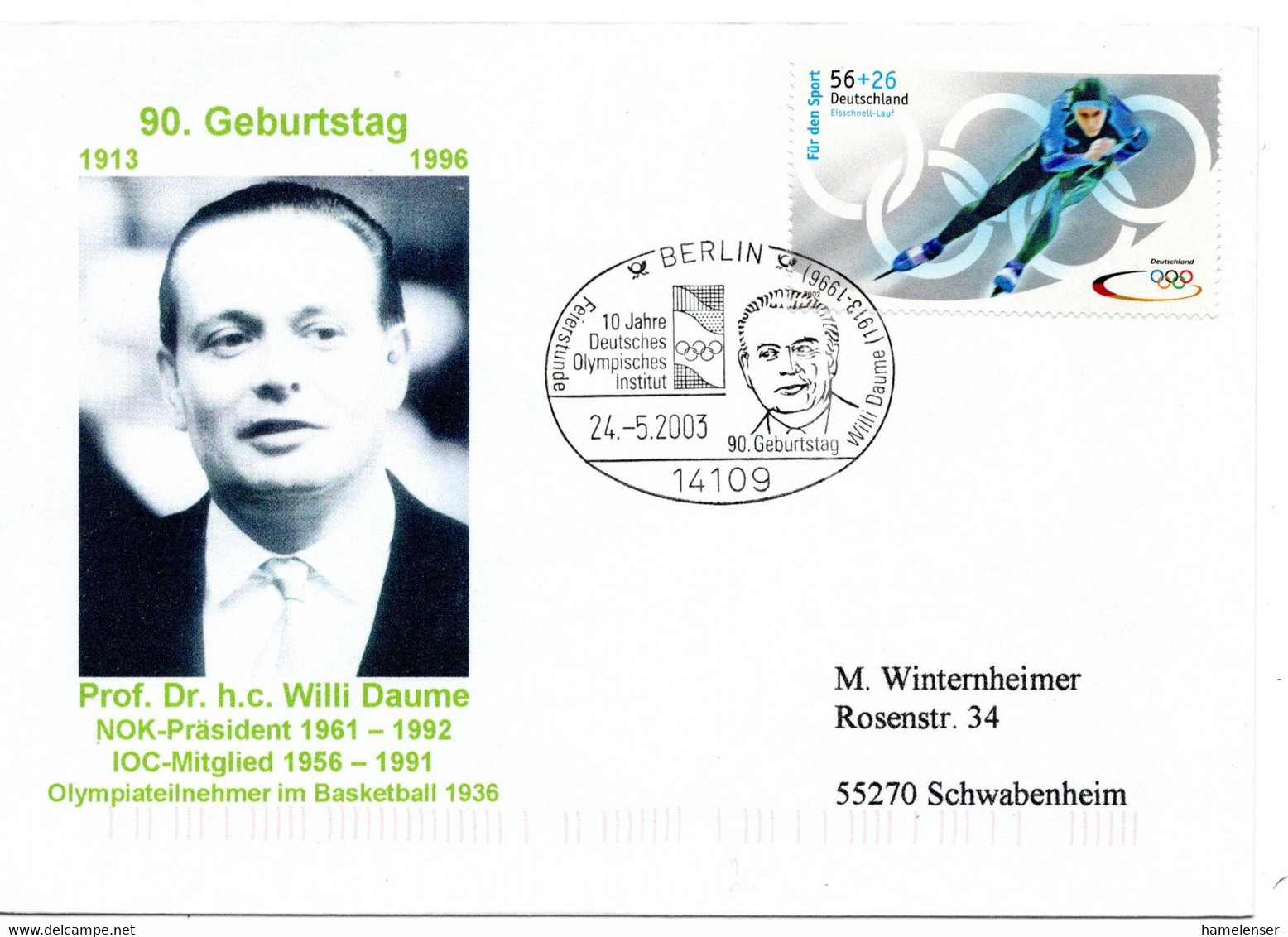 57339 - Bund - 2003 - €0,56 Sport '02 EF A Bf SoStpl BERLIN - 90.GEBURTSTAG WILLI DAUME ... -> Schwabenheim - Sonstige & Ohne Zuordnung