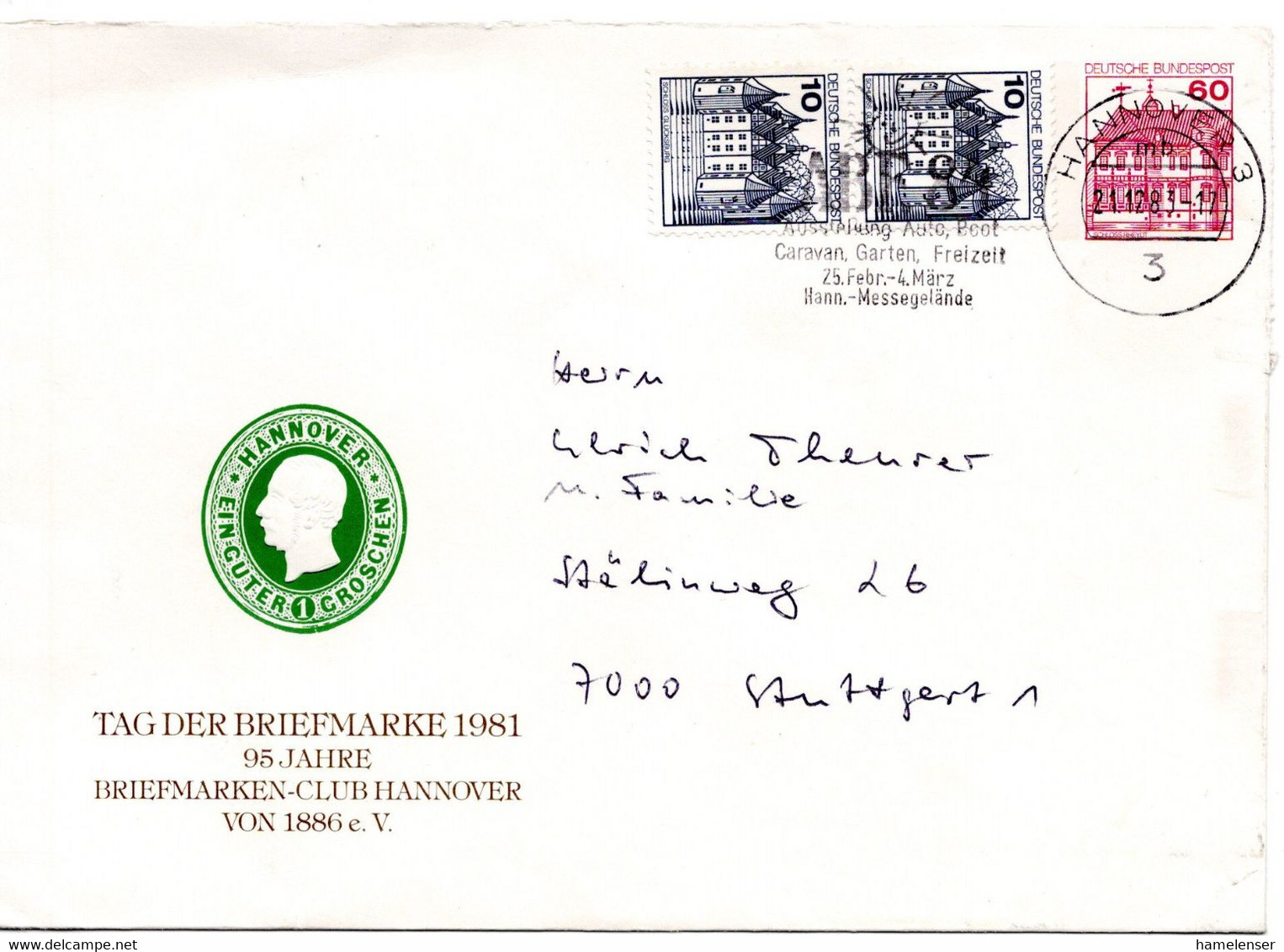 57341 - Bund - 1983 - 60Pfg B&S PGAUmschl "Tag Der Briefmarke 1981" M ZusFr HANNOVER - ... -> Stuttgart - Giornata Del Francobollo