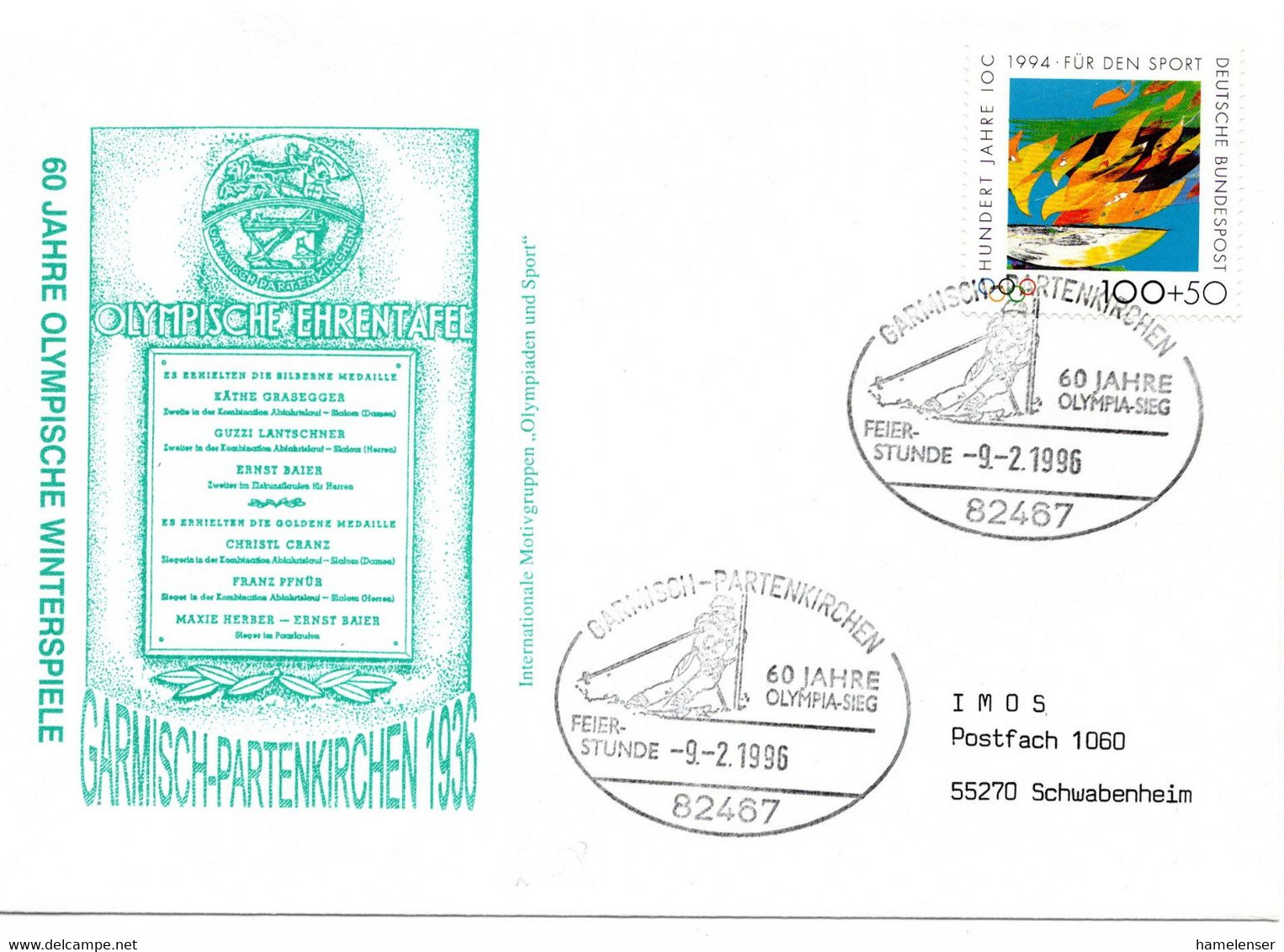 57342 - Bund - 1996 - 100Pfg Sport '94 EF A SoUmschl "Garmisch '36" SoStpl GARMISCH-PARTENKIRCHEN - 60 JAHRE OLYMPIA-SIE - Invierno 1936: Garmisch-Partenkirchen