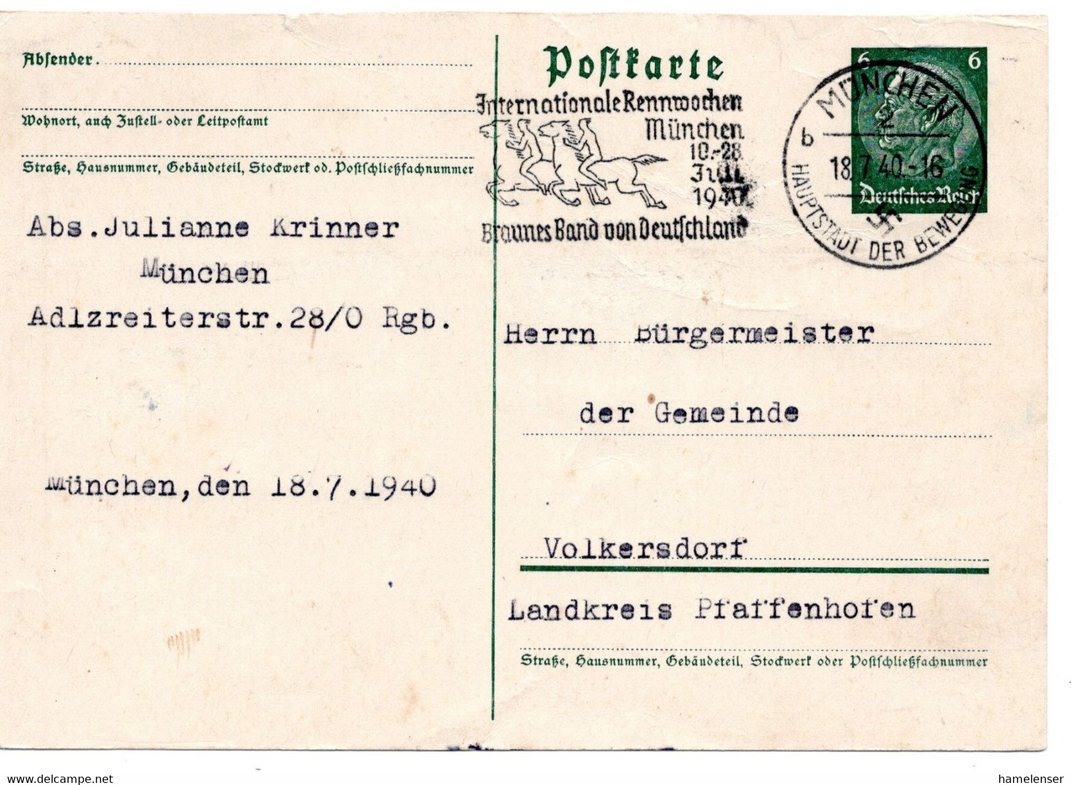 57343 - Deutsches Reich - 1940 - 6Pfg Hindenburg GAKte MUENCHEN - ... RENNWOCHEN MUENCHEN ... -> Volkersdorf - Horses