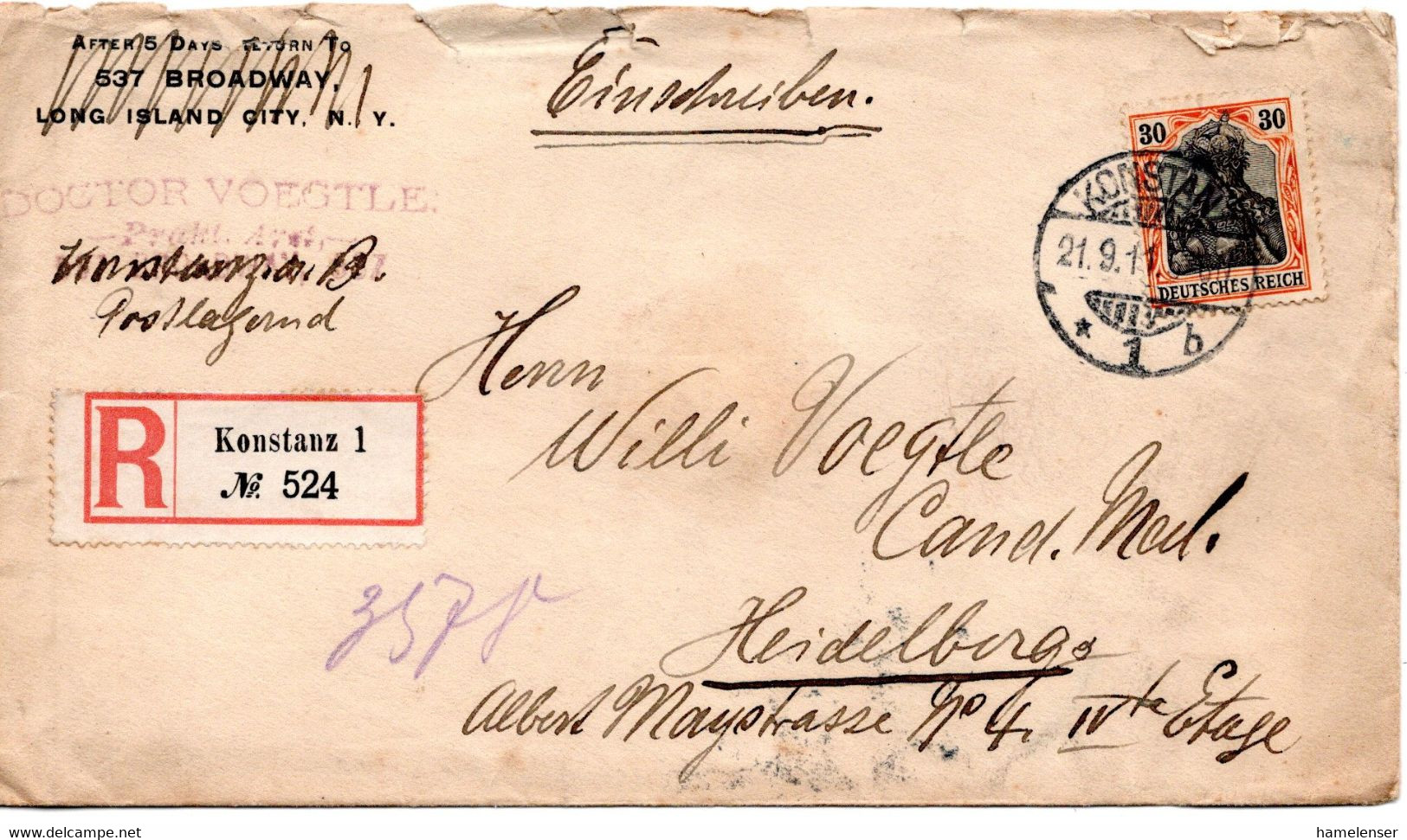 57346 - Deutsches Reich - 1911 - 30Pfg Germania EF A R-Bf KONSTANZ -> HEIDELBERG, O Etw Rauh Geoeffnet (Mke OK) - Covers & Documents