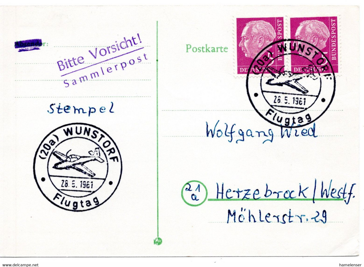 57429 - Bund - 1961 - 2@5Pfg Heuss I A Kte SoStpl WUNSTORF - FLUGTAG -> Herzebrack - Other (Air)