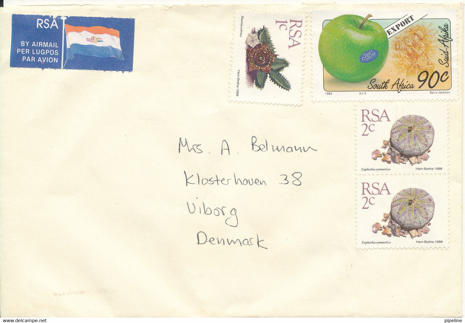 South Africa Cover Sent To Denmark No Postmark On Stamps Or Cover - Covers & Documents