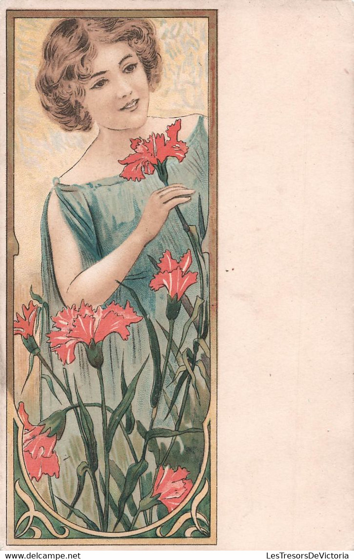 Illustrateur Non Signé - Style Art Nouveau - Femme Et Fleurs - Carte Postale Ancienne - - Non Classificati