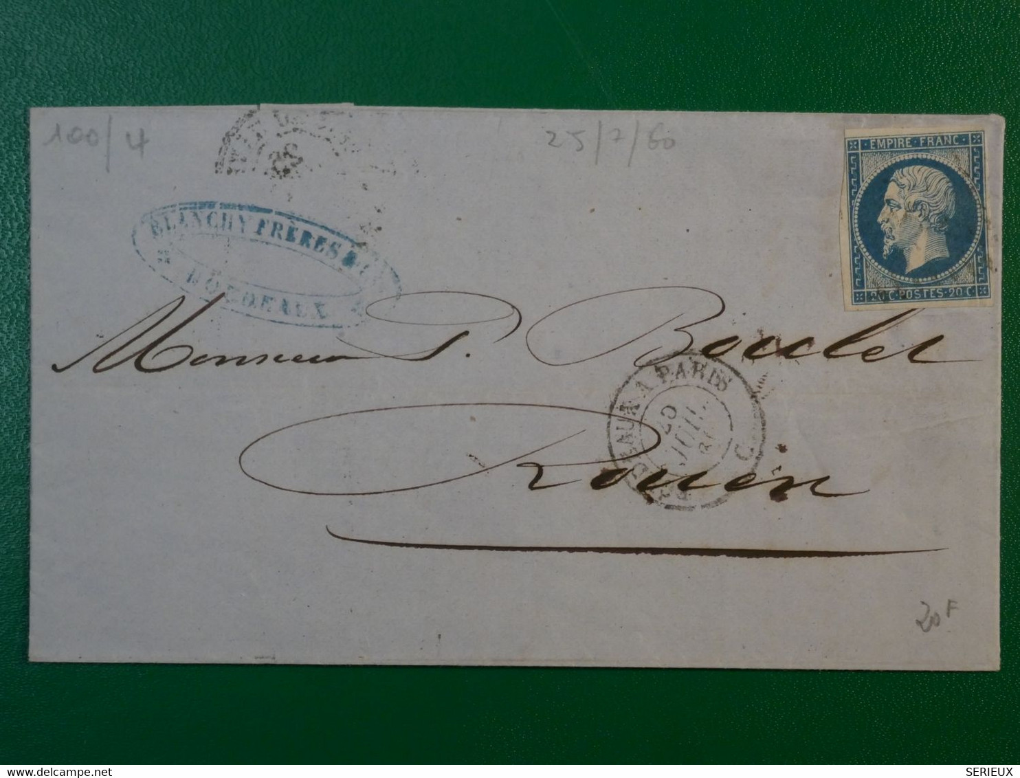 BP12 FRANCE BELLE  LETTRE  1860  BORDEAUX A ROUEN     +N°14 + AFFR. INTERESSANT++ - 1853-1860 Napoleon III