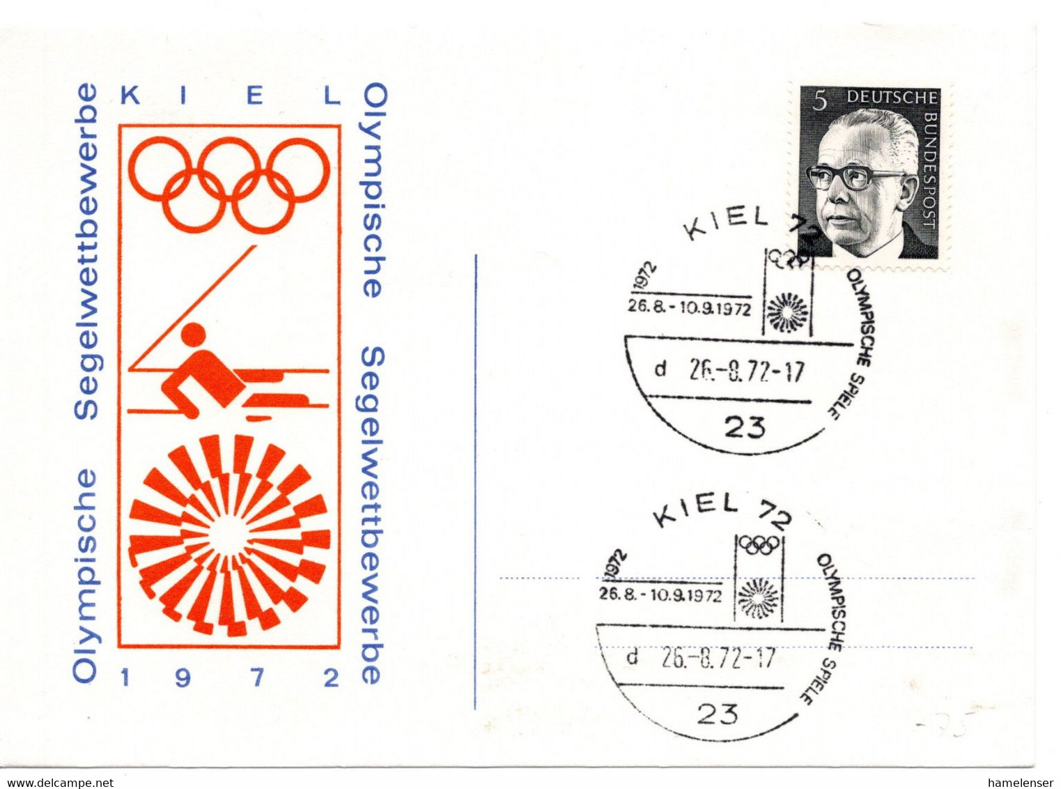 57445 - Bund - 1972 - 5Pfg Heinemann EF A SoKte "Olympische Segelwettbewerbe" SoStpl KIEL - OLYMPISCHE SPIELE - Sommer 1972: München