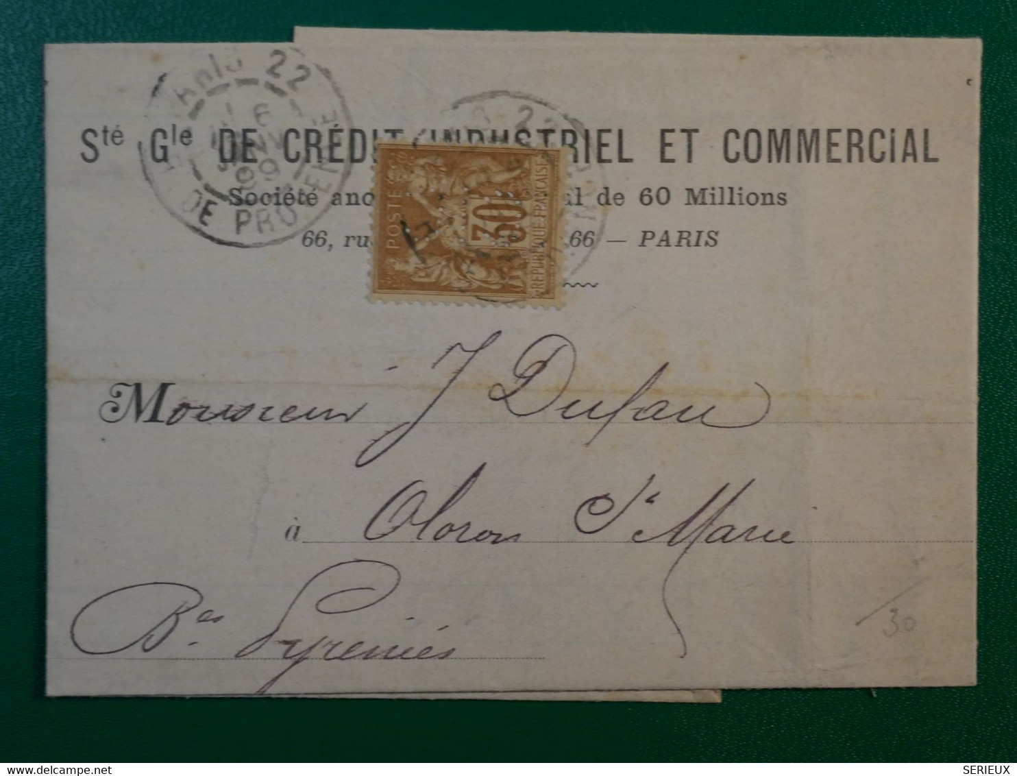 BP12 FRANCE BELLE  LETTRE PERFIN  1899 PARIS  A OLORON + SAGE 30C PERFORé+++AFFR. INTERESSANT++ - Briefe U. Dokumente