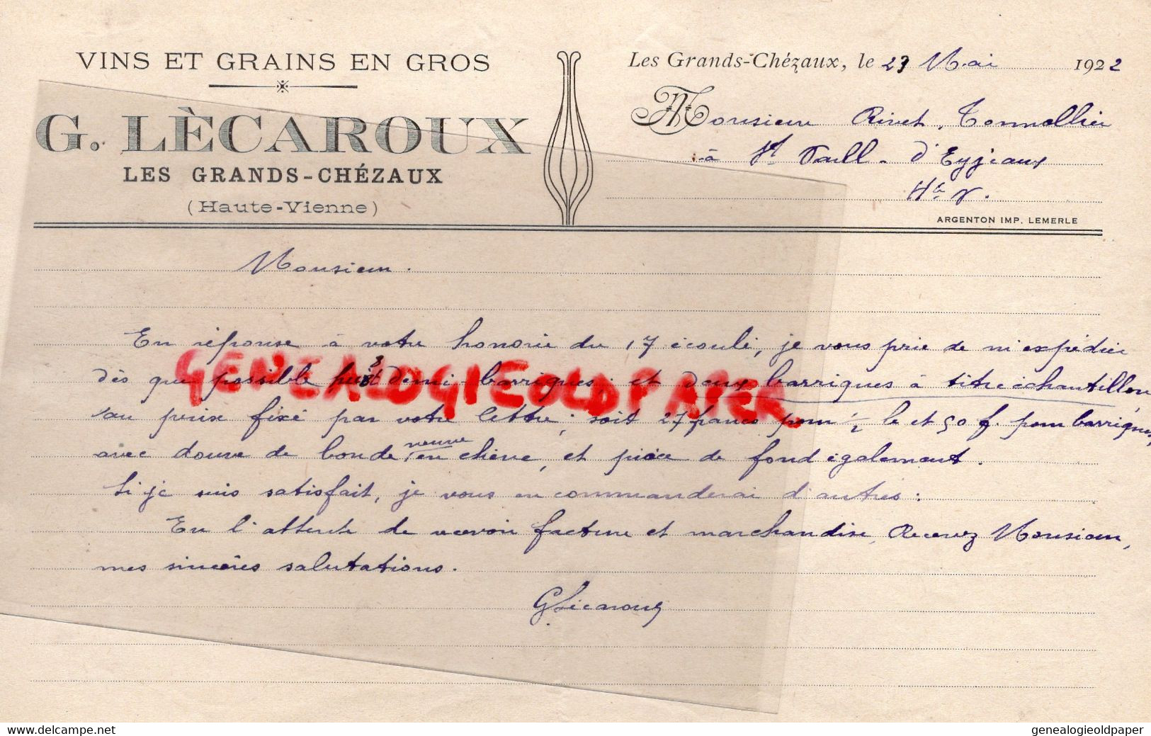 87 - LES GRANDS CHEZEAUX - FACTURE MARCHAND DE VINS- GEORGES LECAROUX -1922 - Lebensmittel