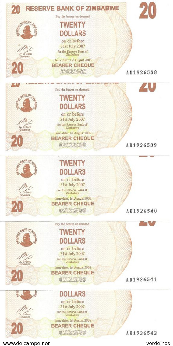 ZIMBABWE 20 DOLLARS 2006 UNC P 40  BEARER CHEQUE ( 5 Billets ) - Zimbabwe
