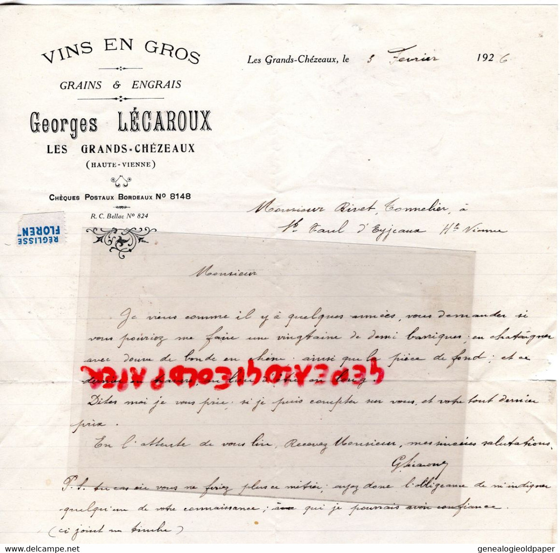 87 - LES GRANDS CHEZEAUX - FACTURE MARCHAND DE VINS- GEORGES LECAROUX -1926 - Lebensmittel
