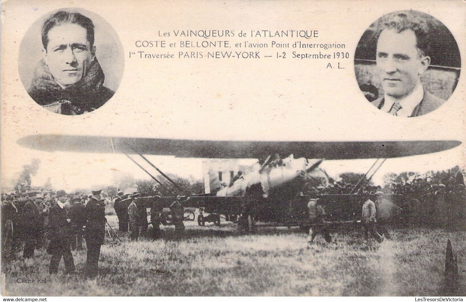 TRANSPORT - AVIATEUR - COSTE Et BELLONTE Et L'avion Point D'Interrogation - Paris New York - Carte Postale Ancienne - Aviateurs