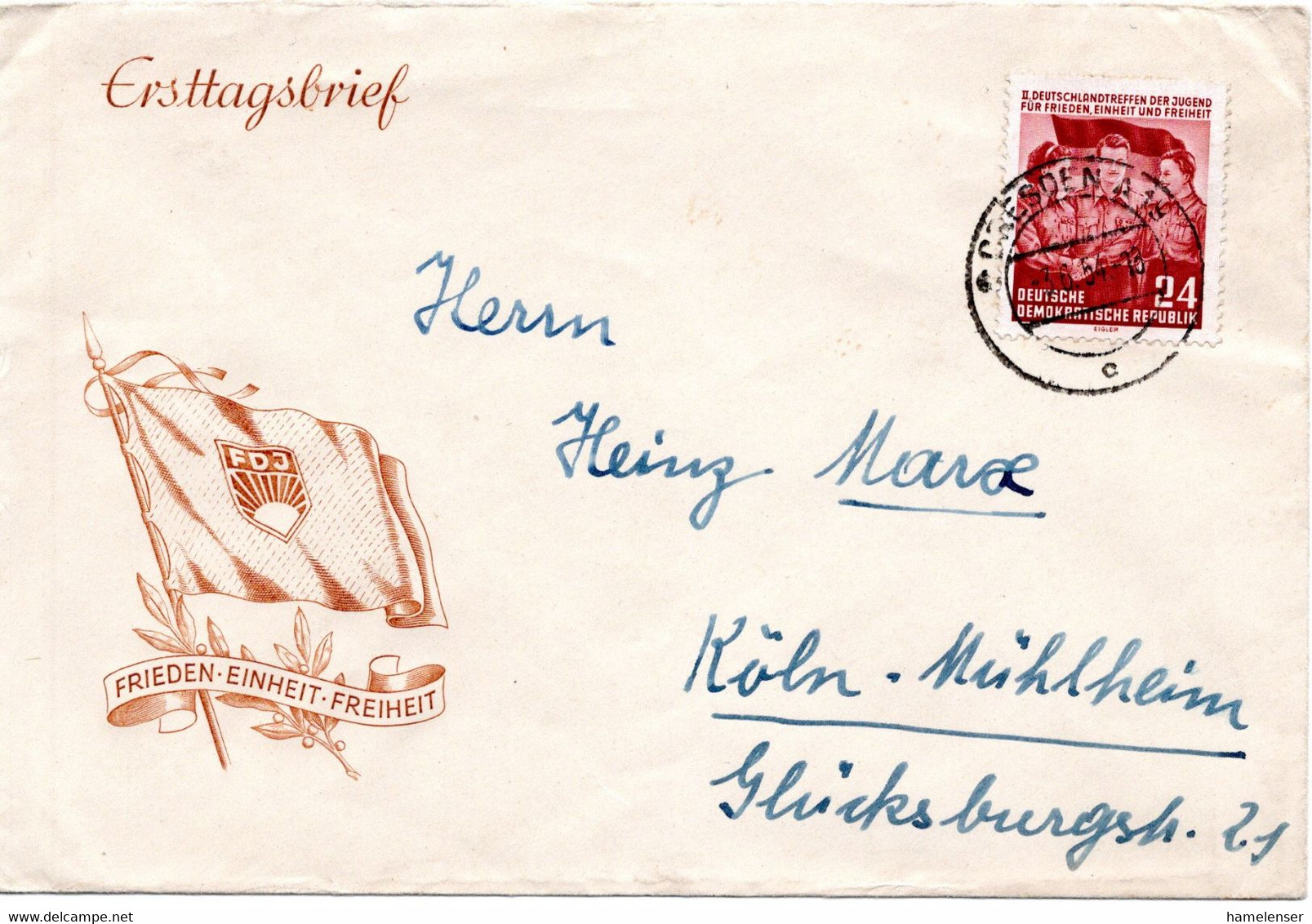 57461 - DDR - 1954 - 24Pfg Deutschland-Treffen Der Jugend EFa Bf DRESDEN -> Westdeutschland - Covers & Documents