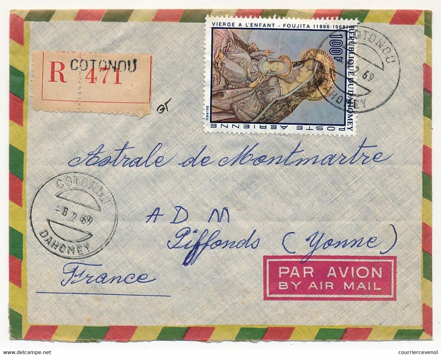DAHOMEY - Enveloppe R Depuis Cotonou 8/2/1969, Affr 100F Vierge à L'Enfant De Foujita - Bénin – Dahomey (1960-...)