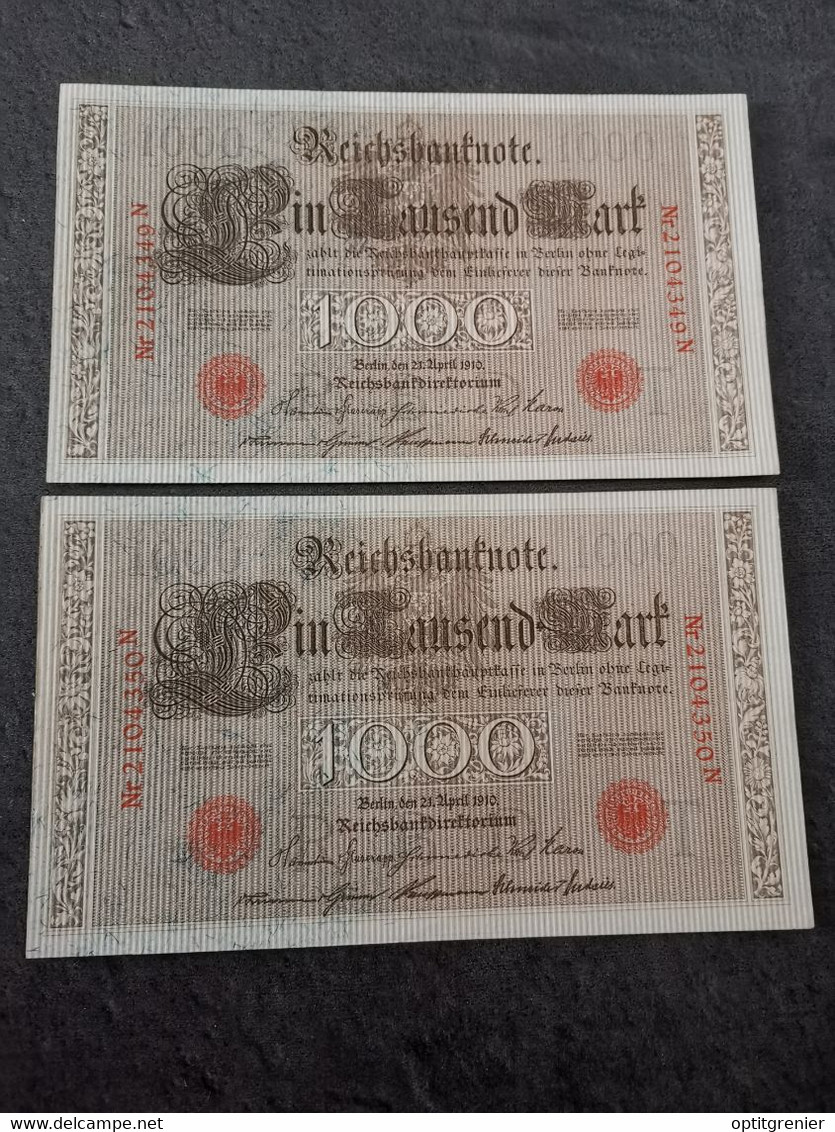 LOT 2 BILLETS N° SUIVIS SERIE T 1000 MARK A 21 04 1910 BERLIN REICHSBANKNOTE ALLEMAGNE - 1.000 Mark