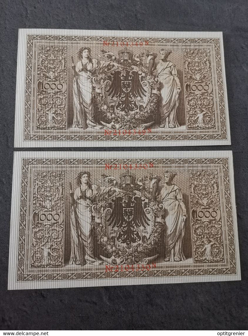 LOT 2 BILLETS N° SUIVIS SERIE T 1000 MARK A 21 04 1910 BERLIN REICHSBANKNOTE ALLEMAGNE - 1.000 Mark