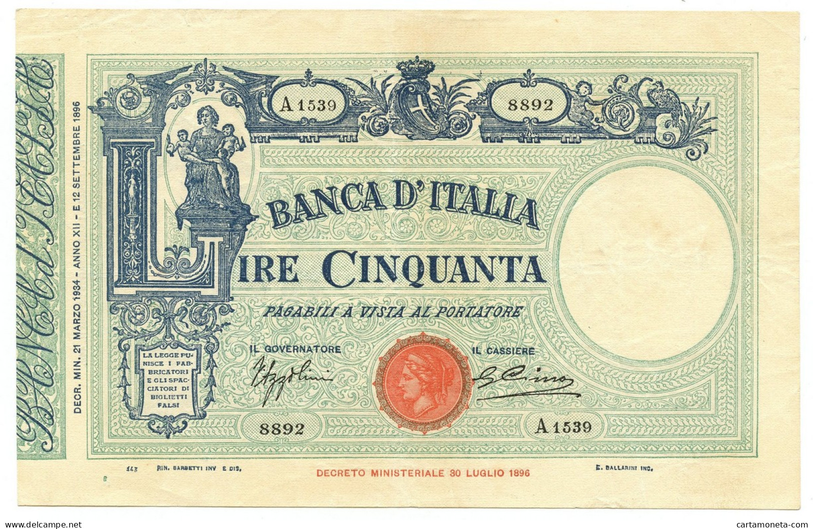 50 LIRE BARBETTI GRANDE L MATRICE LATERALE TESTINA FASCIO 21/03/1934 BB+ - Regno D'Italia – Other