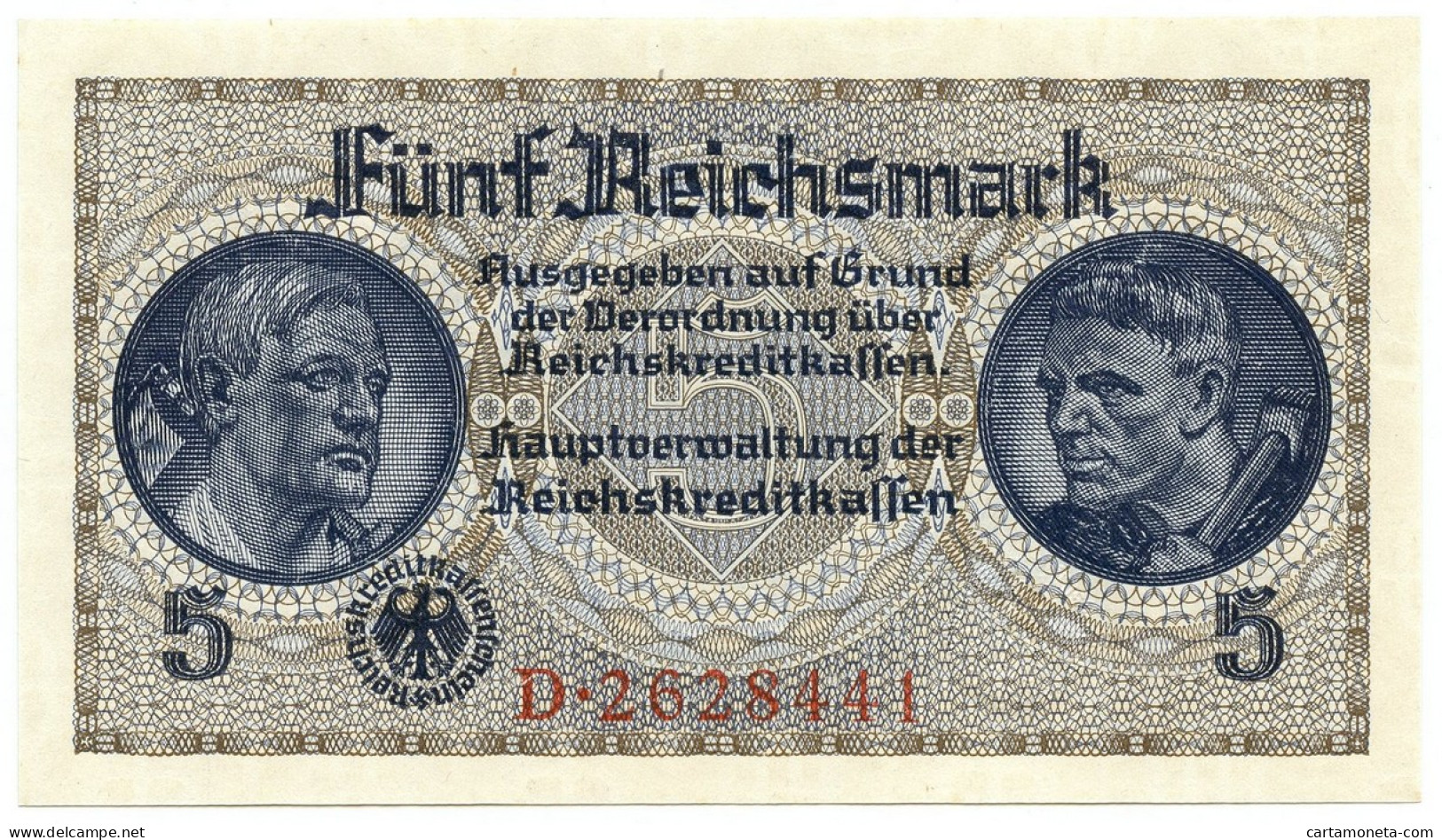 5 REICHSMARK OCCUPAZIONE TEDESCA ITALIA REICHSKREDITKASSEN 1943 FDS - Occupazione Alleata Seconda Guerra Mondiale