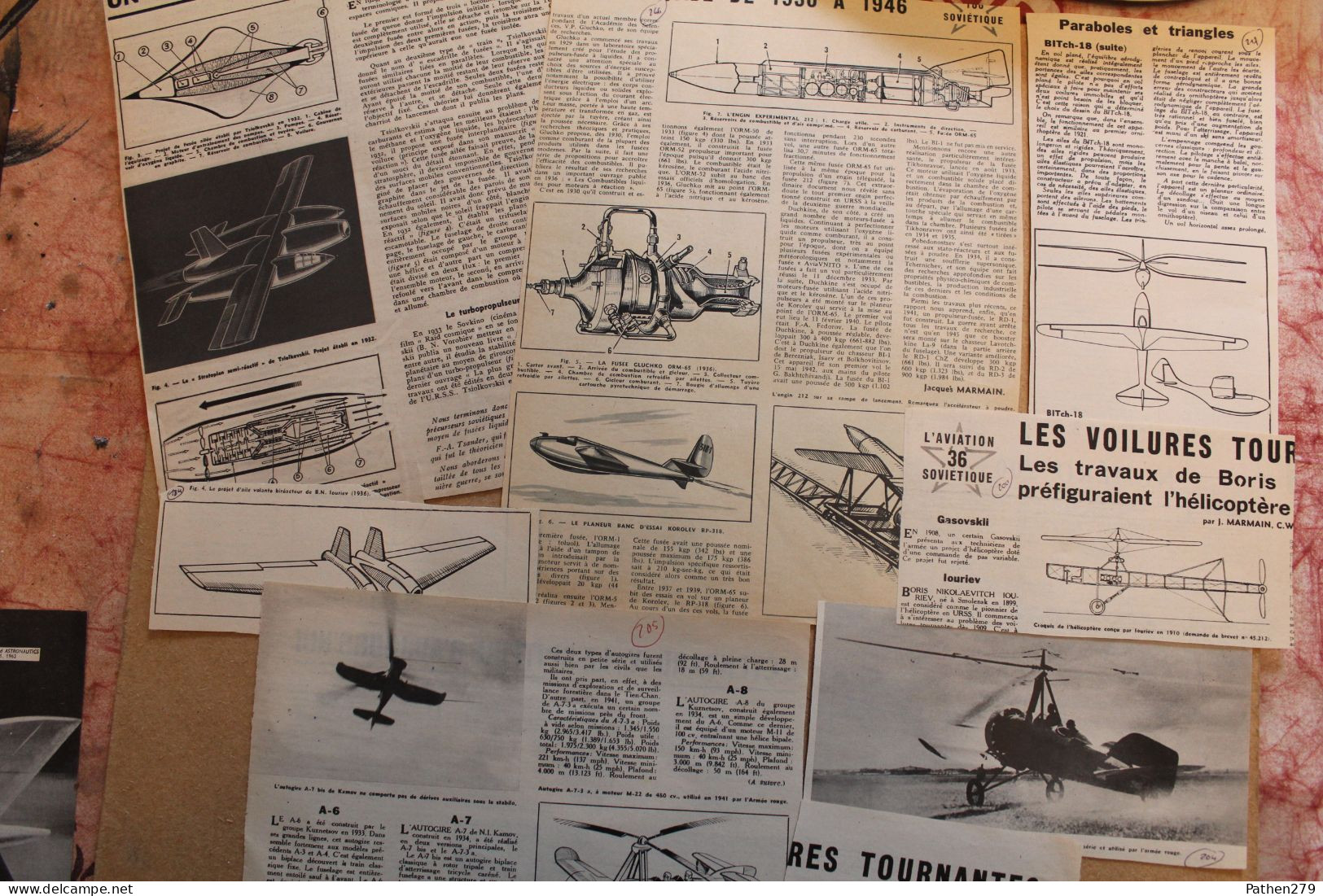 Lot de 279g d'anciennes coupures de presse et photos de divers aéronefs soviétiques et informations diverses